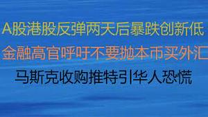 财经冷眼：金融高官呼吁不要抛本币买外汇 ，他们害怕什么？ 富人精英集体出逃美国！A股港股反弹两天后暴跌创新低，套了多少韭菜？马斯克收购推特引华人恐慌！（20221029第885期）